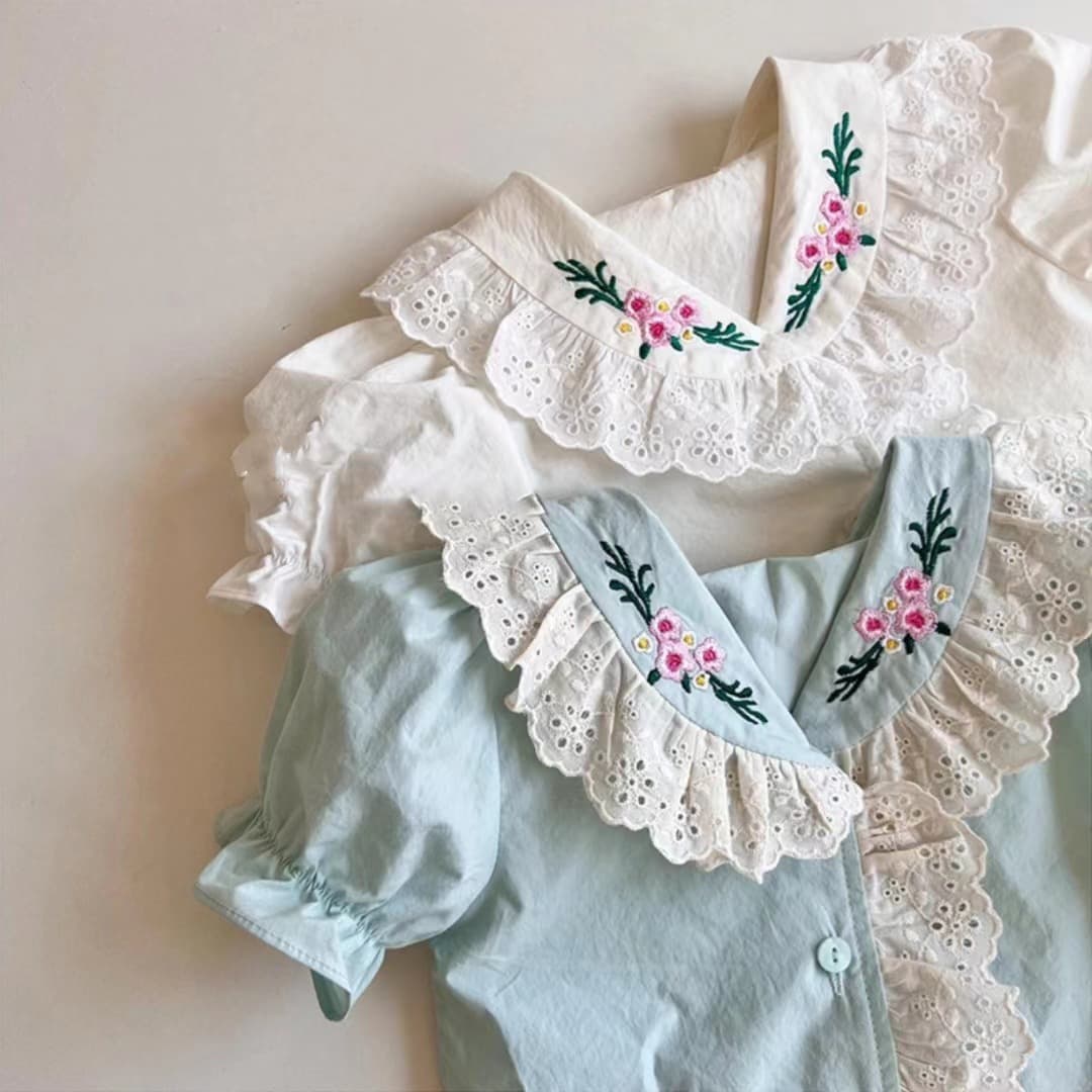 Cute Girl's Short Sleeve Embroidered Lace Trim Doll Shirt Summer Korean Style Pure Cotton Bubble Sleeve Top Soft Cotton Floral Print