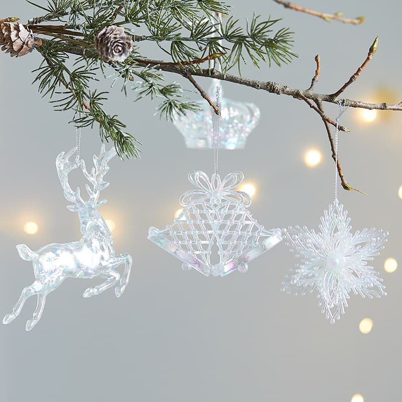 Christmas decorations, snowflake acrylic pendants, reindeer bell ornaments, creative Christmas tree window decorations, colorful ornaments
