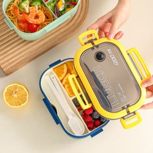 Plastic Sealed Student Lunch Box Microwaveable Compartment Bento Box for Office Workers, Portable Double-Layer with Handle