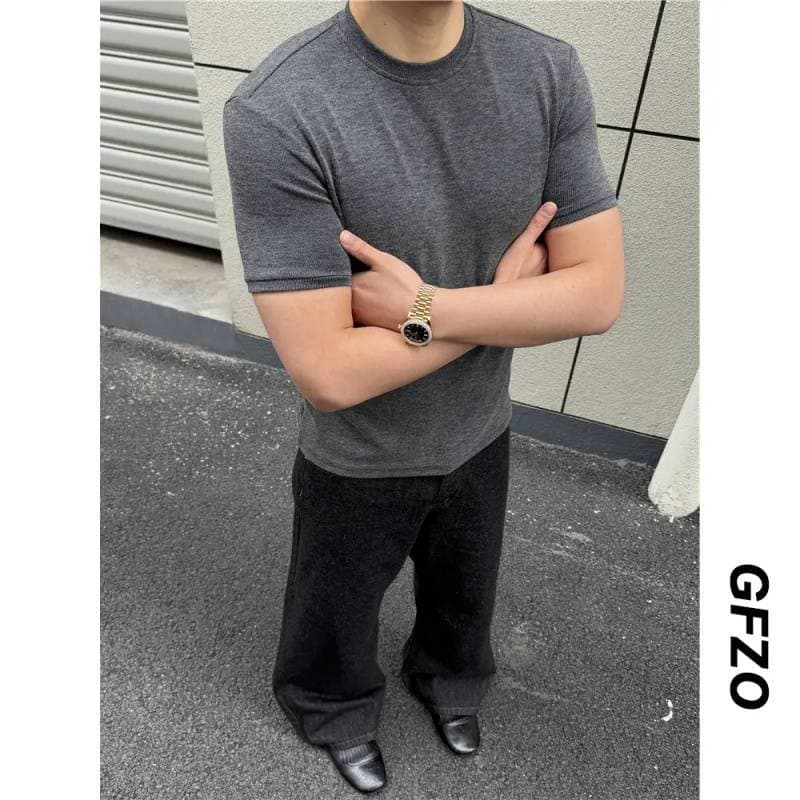 Dark Gray Slim Fit Short Sleeve Men's Summer Light Mature Style Muscle Fit T-Shirt Stretch Fitness Half Sleeve