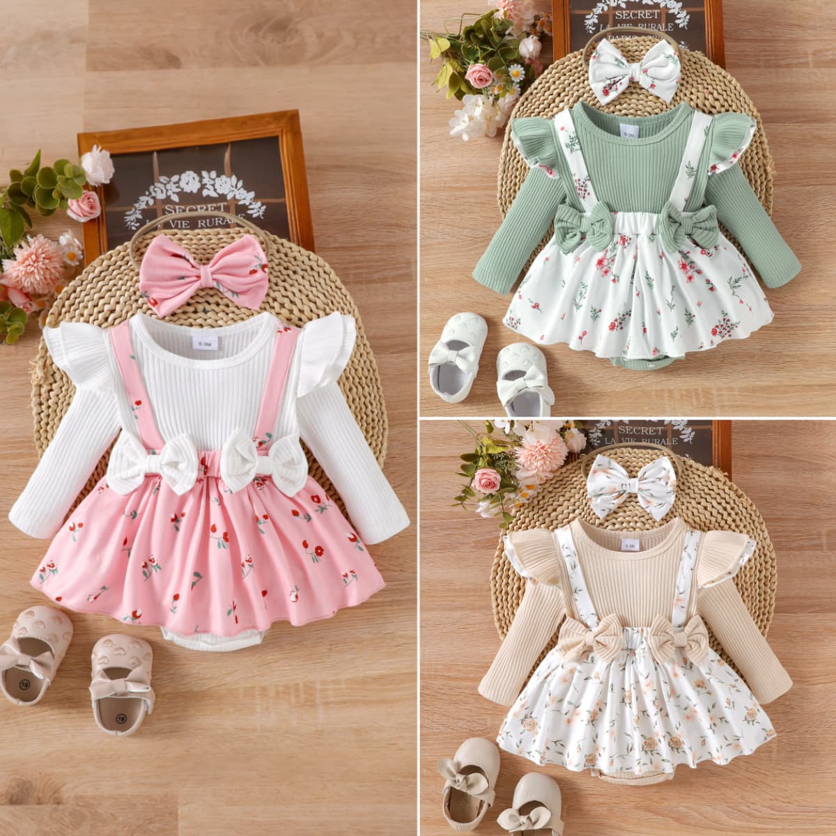 Baby Girls Clothes 0-1Y Baby Girls Long Sleeve Flying Sleeve Floral Harness Dress + Headband 2-piece Set