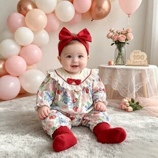 Baby Red Long-Sleeve Romper, Spring and Autumn, Stylish for Girls, One-Year-Old Baby Bodysuit, Newborn 100-Day Outfit