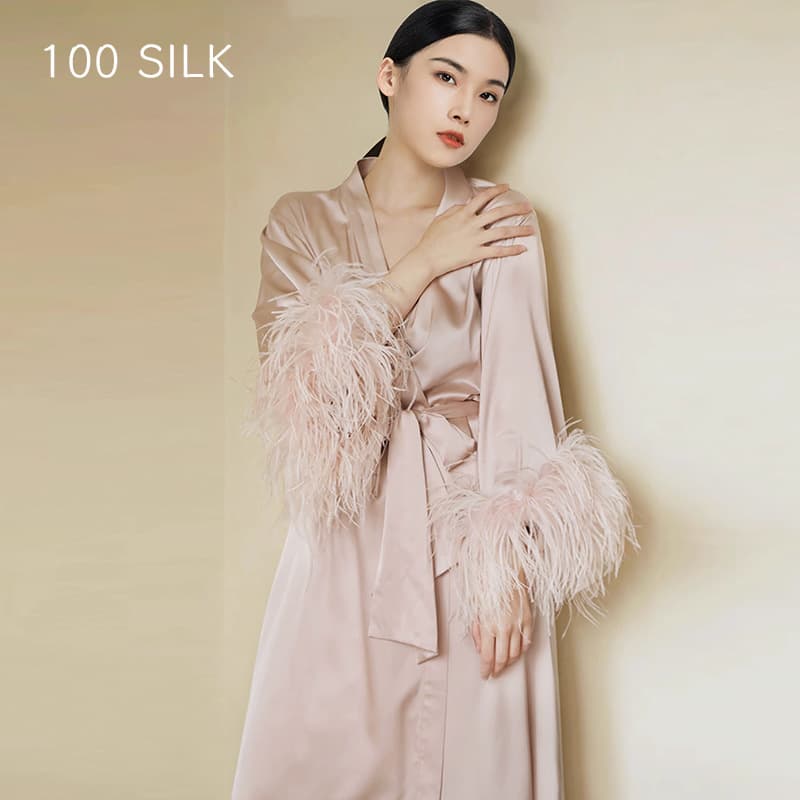 Silk Sexy Robe for Women Summer Satin Premium Ostrich Feather Luxury Bride Morning Robe 100% Mulberry Silk Sleepwear
