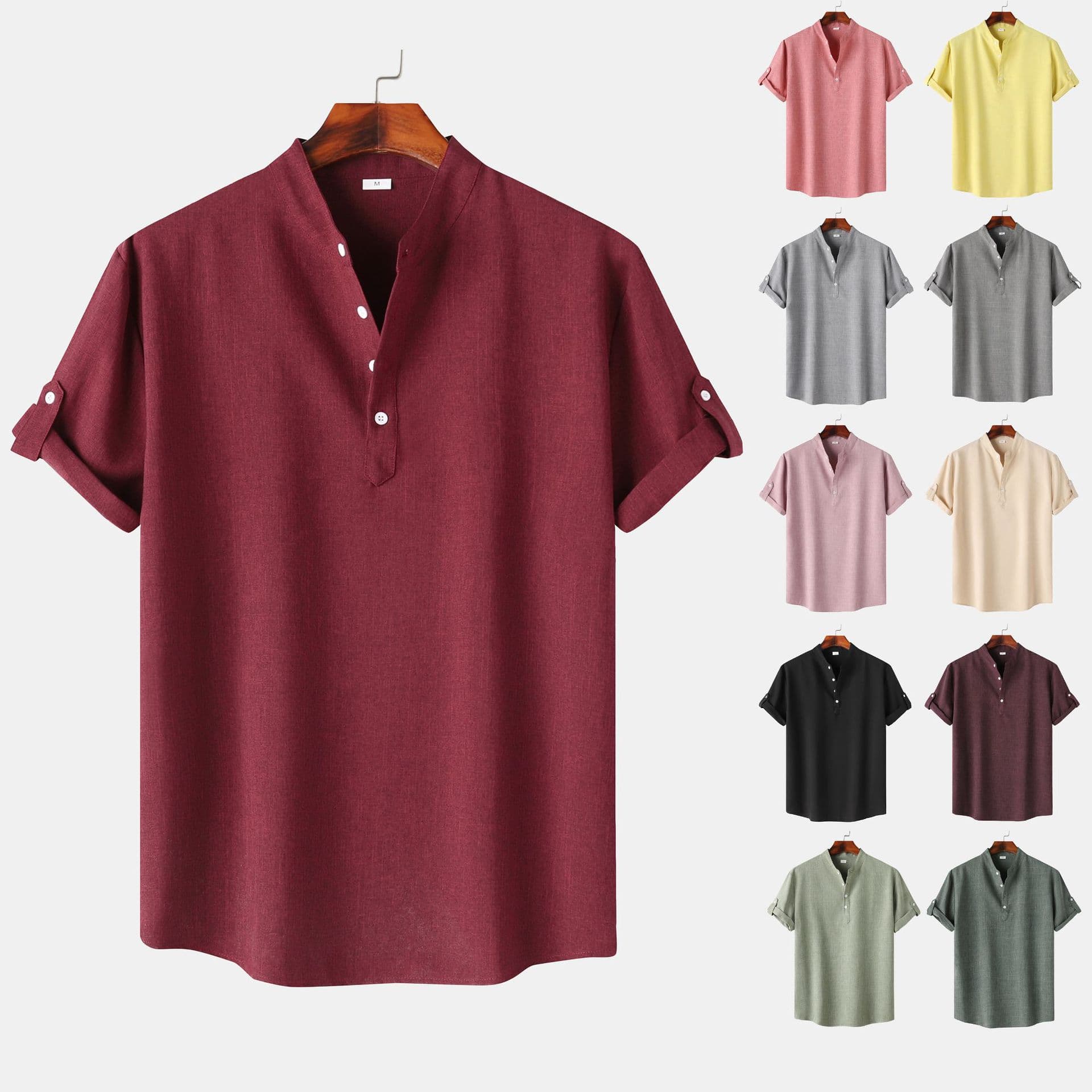 Men's Slim Fit Short Sleeve Shirt Pure Color Stand Collar Casual Fashion Urban Style Polyester Blend Fabric Summer Shirt