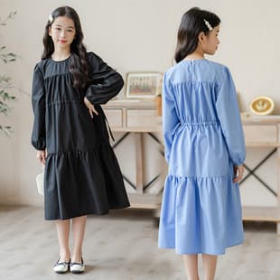 Drop Shipping Girls Blue Long Dress Middle and Big Kids Autumn New Korean Style Simple Fashionable Long Sleeve Cake Dress