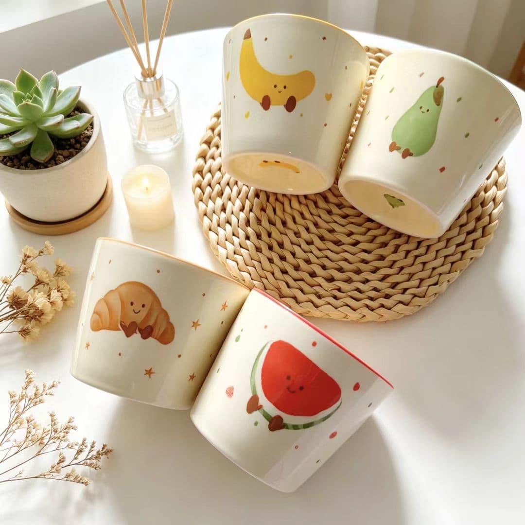 High-Aesthetic Fruit Croissant Ceramic Mug for Office, Handheld Cup for Milk and Coffee, Cute Cup