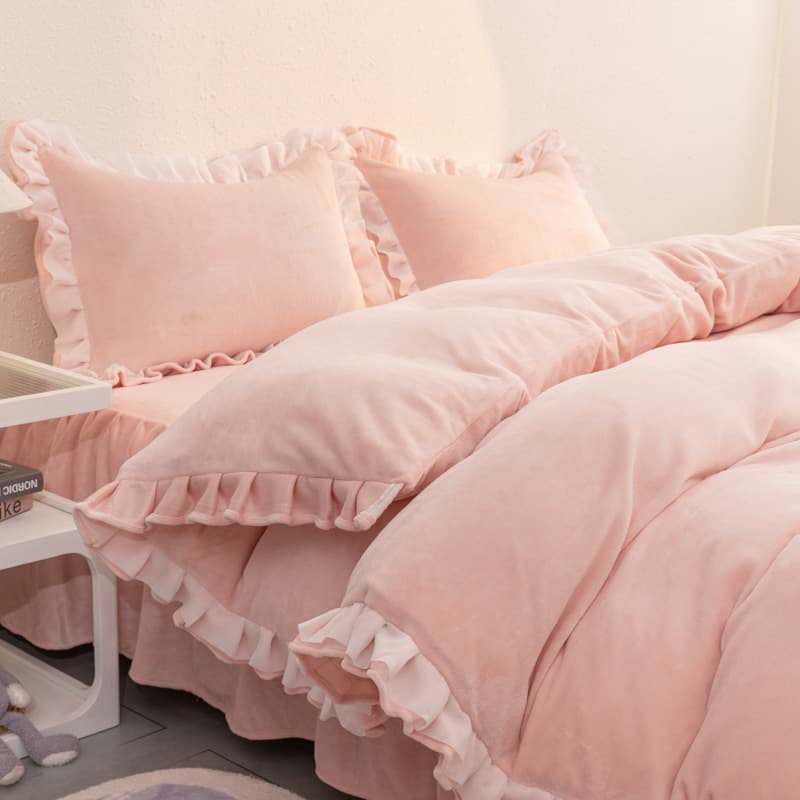 Milk Fleece with Flounce Set, Japanese Style Lace Trim Bed Skirt Bedding