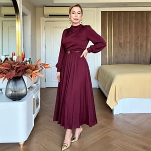 2026 Spring Europe & America Amazon Cross-border Cowl Neck Lantern Long Sleeve with Metal Buckle Belt Wine Red Satin Dress