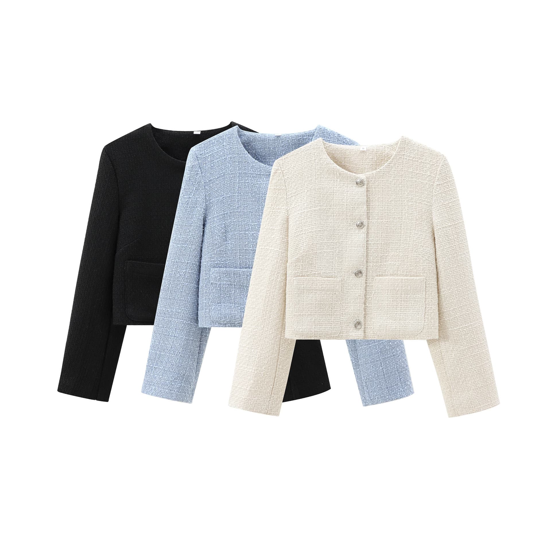 2025 Cross-border European and American Women's New Chunky Round Neck Outerwear Tweed Jacket 2507