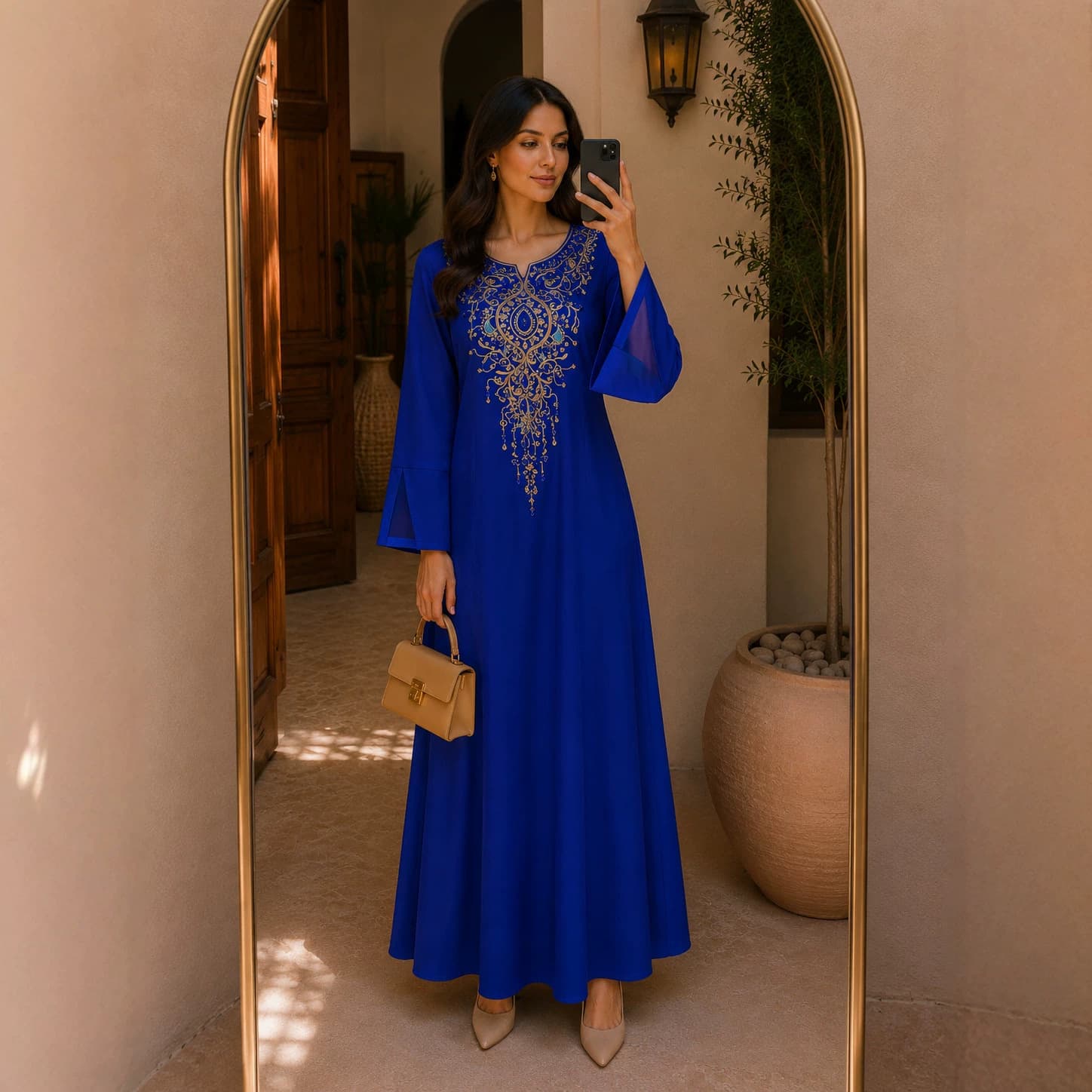 UNI060 Cross-border embroidered diamond round neck fashion dress Klein blue imitation acetate elegant women's skirt