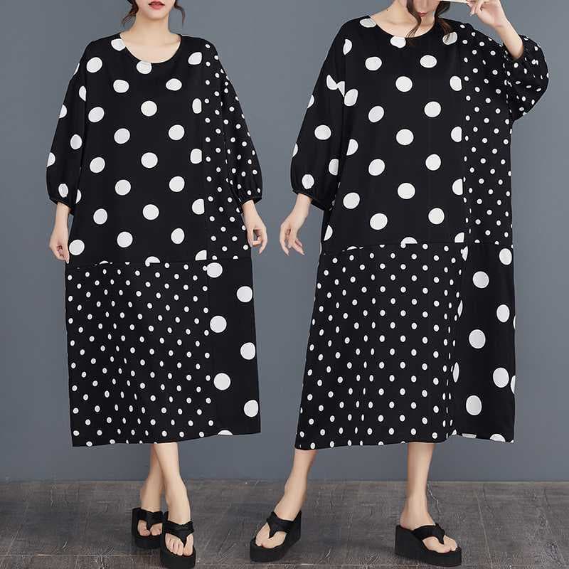 In Stock Real Shot Black and White Polka Dot Patchwork Plus Size Dress Fashionable Casual Long Sleeve Elegant Round Neck Maxi Dress