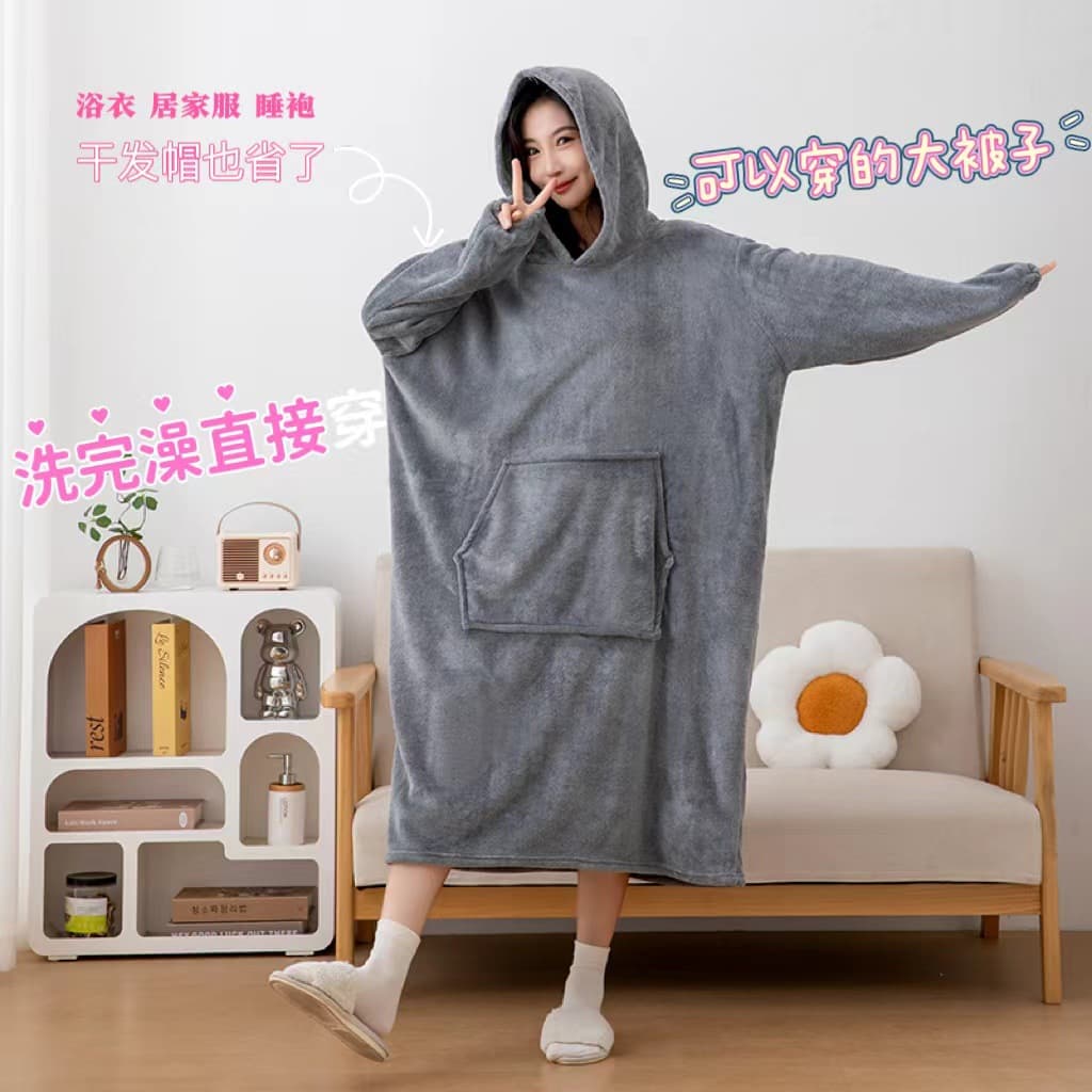 Pullover hoodie style thickened bath towel bathrobe sleep dress absorbent quick-dry non-shedding home TV blanket hooded loose