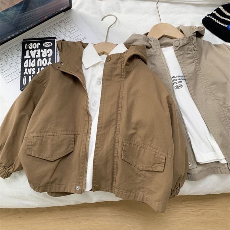 Boys Hooded Jacket Spring Autumn Windbreaker 2026 New Korean Style Children Cotton Solid Color Fashionable Casual Cardigan