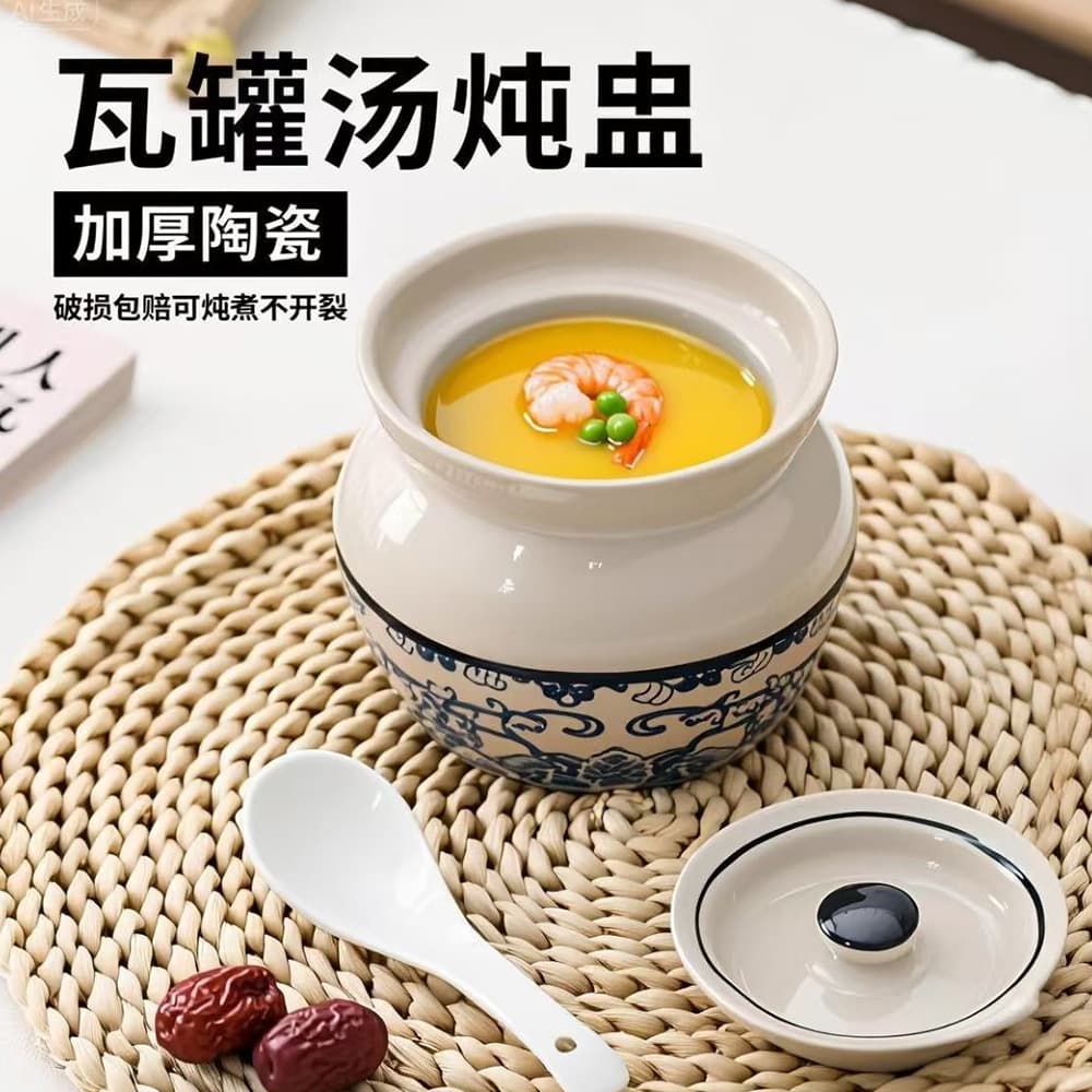 Ceramic Double-Boiler Steamer with Lid, White Commercial Soup Pot for Bird's Nest and Egg Custard, Small Clay Casserole