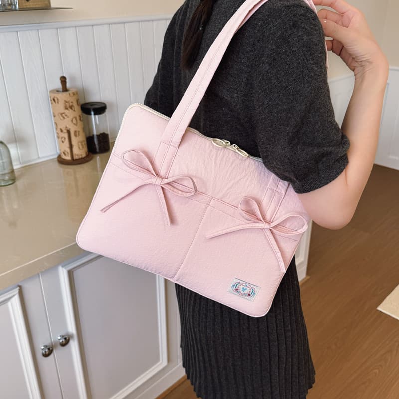 Japanese and Korean style fresh and cute bow 14-inch handbag, girly cream color, versatile commuter tote bag