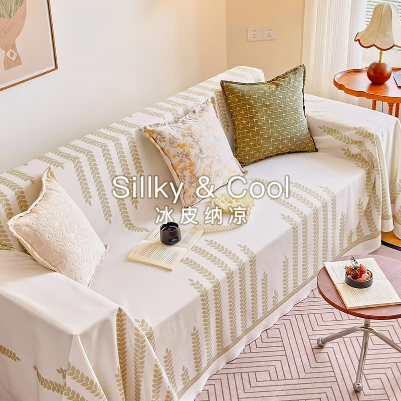 Premium One-Piece Sofa Cover Slipcover Summer Ice Silk Plant Stripe Sofa Cover Cool Touch Skin-Friendly Sofa Protector