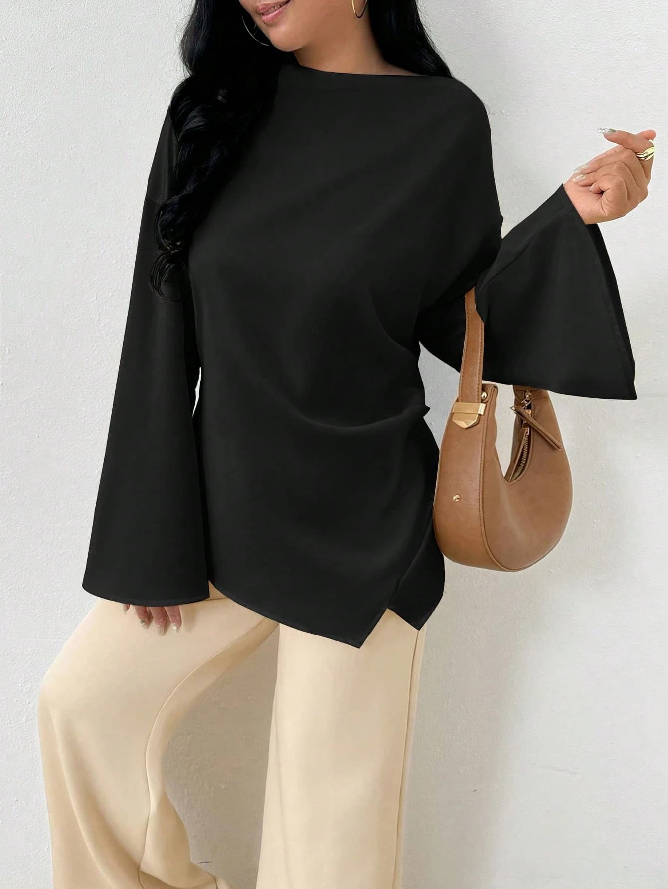 New Fashion Casual Round Neck Satin Long Sleeve Shirt Bell Sleeve Pullover Irregular Hem Top for Women