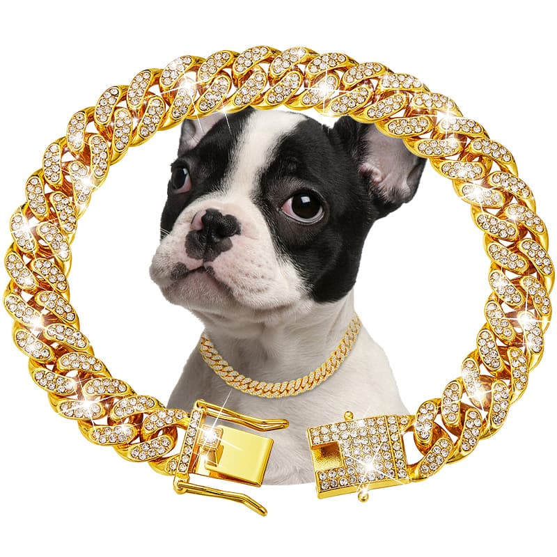 In Stock 13mm Wide Rhinestone Dog Collar Cat Necklace Cuban Chain Pet Accessories Amazon Temu Cross-Border Bestseller