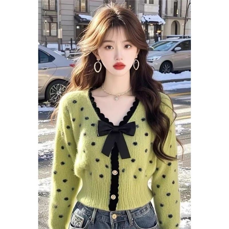 2025 Bow Sweet Knitted Cardigan Top New Design Green Polka Dot Coat Knitted Sweater Base Layer