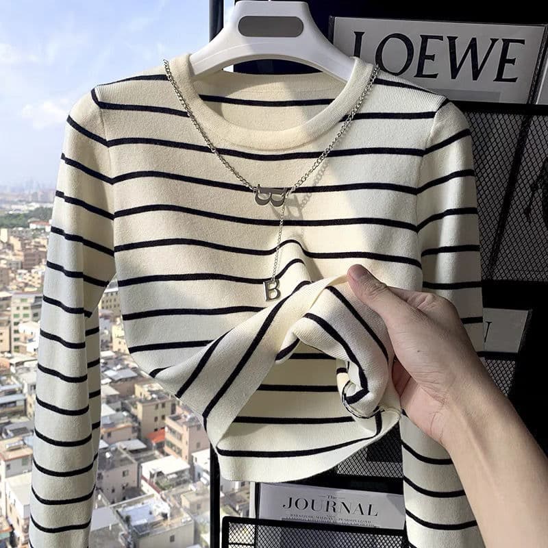 Retro Striped Long Sleeve Knitted Base Shirt Sweater Women's Autumn Winter New Hong Kong Style Versatile Slim Fit Top