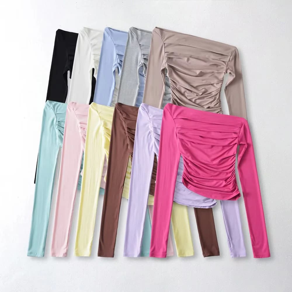 American-style Off-Shoulder Long-Sleeve Top for Women, Spring/Fall Diagonal Shoulder T-Shirt with Ruffled Waist Design