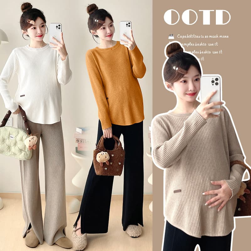 Real Shot of New Maternity Wear Knitted Round Neck Sweater Autumn and Winter Versatile Bottoming Shirt Maternity Top Postpartum Nursing Shirt