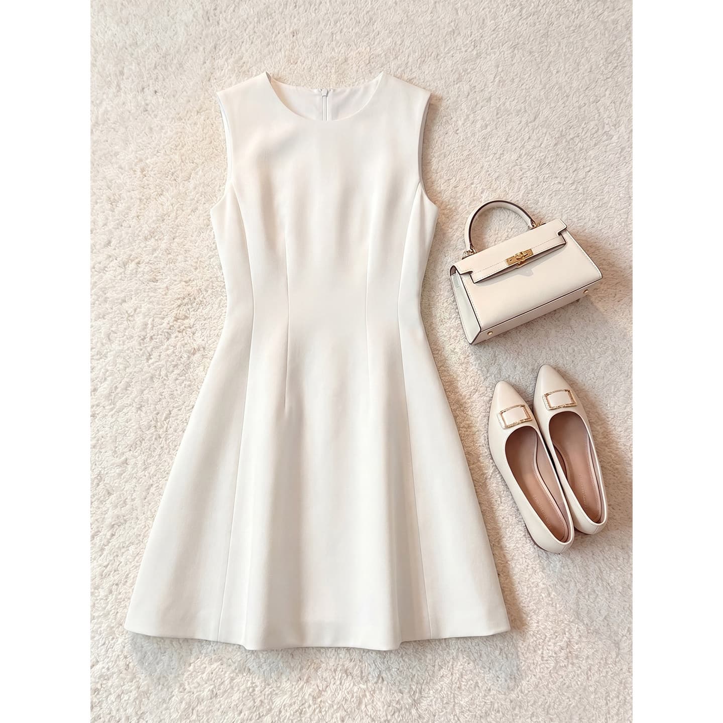 French sleeveless dress for women in summer. Beautiful and elegant. A-line skirt. Particularly beautiful. Small skirt with pinched waist.