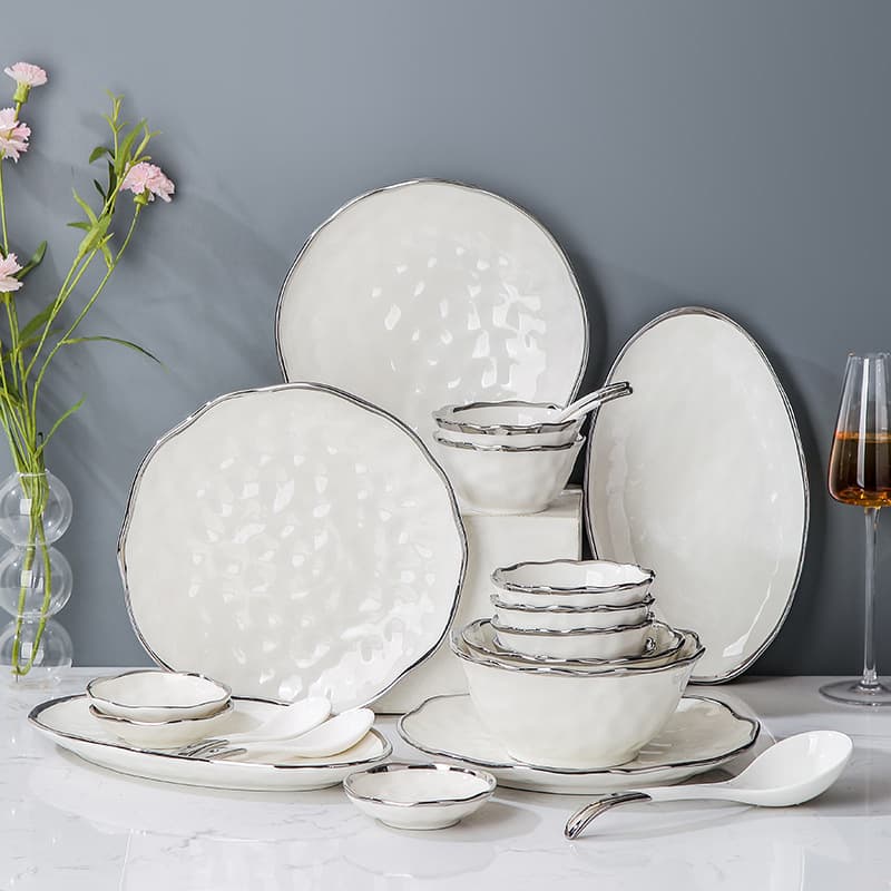Nordic Style Ceramic Dining Set Silver Rim Steak Plate Salad Bowl Fish Dish Utensils Set for Home Use And Western Restaurant