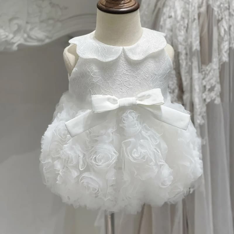 Baby Girl 1st Birthday Dress 100 Days 2025 New Stylish Rose Tutu Skirt Children's White Sleeveless Princess Dress