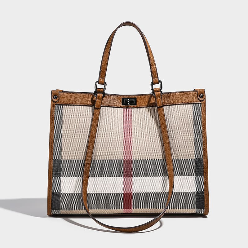 Tote bag 2025 new fashion plaid handbag large capacity high-end contrasting shoulder bag simple commuter bag