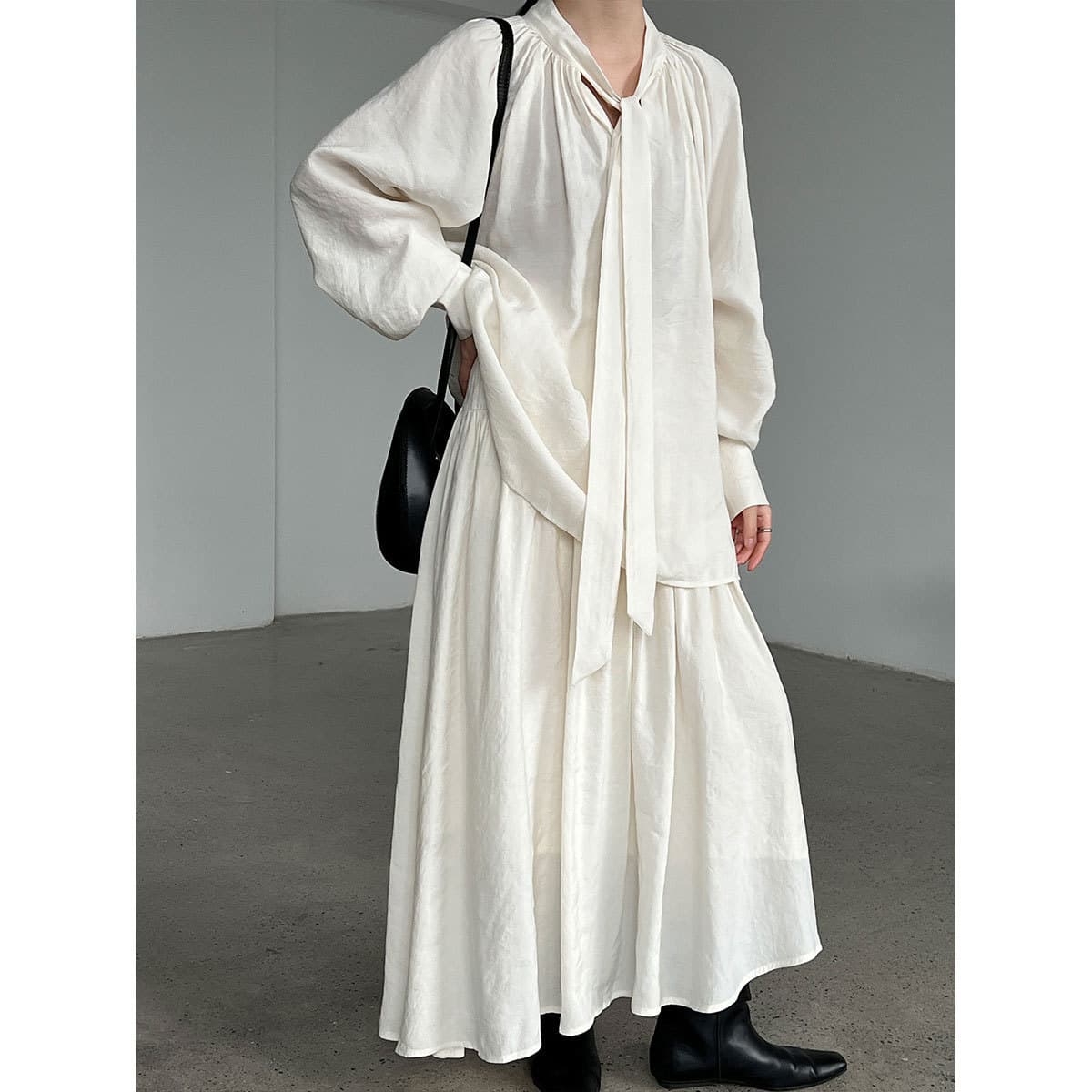 LUXI Korean-style Elegant Ribbon Long-sleeve Blouse + Skirt Women's Fall New Loungewear Set 9776