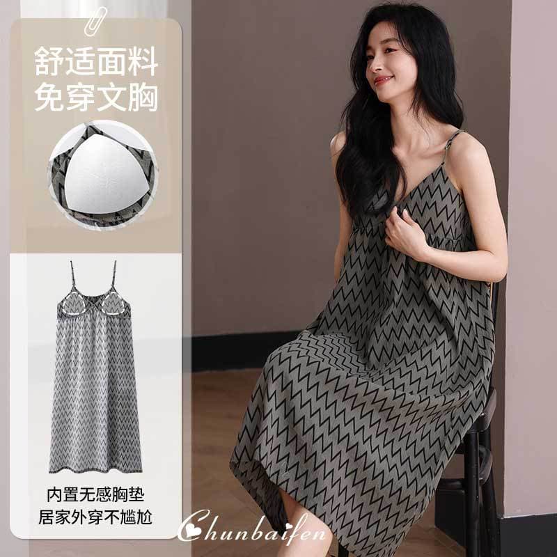 Chunbaifen Women's Camisole Nightgown with Padded Bra, Summer 2026 New Style, Cloud Cotton Plus Size, Cool and Sensual Plus Size Sleepwear