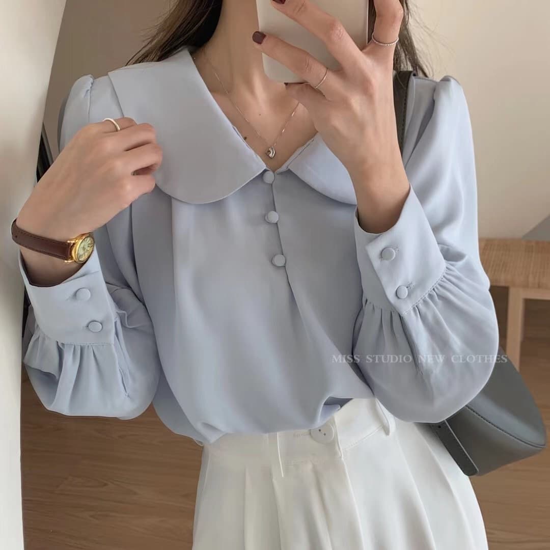 Baby doll collar chiffon shirt for women 2026 spring and summer new style French retro puff sleeves comfortable and temperamental top