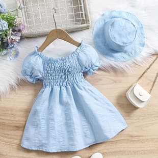 New Summer Puff Sleeve Solid Color Dress with Cute Hat for Girls 0-3 Years, Multicolor Two-Piece Set