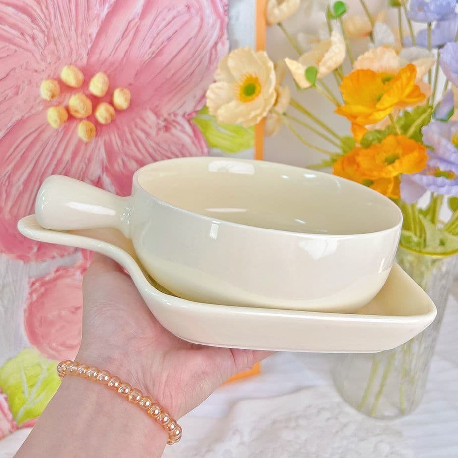 Cross-border Milk Fufu Instant Noodle Set Home Ceramic Handle Tableware Cream Color Underglaze Rice Bowl Wholesale
