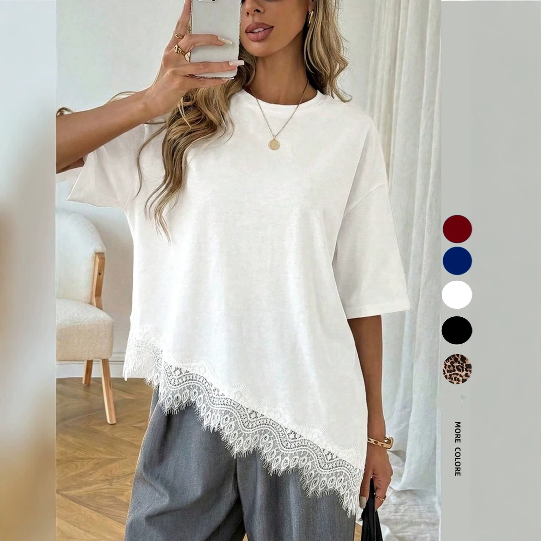 European and American Cross-Border Summer Round Neck Lace Hem Loose Fashion T-Shirt Amazon Hot Selling Women's T-Shirt