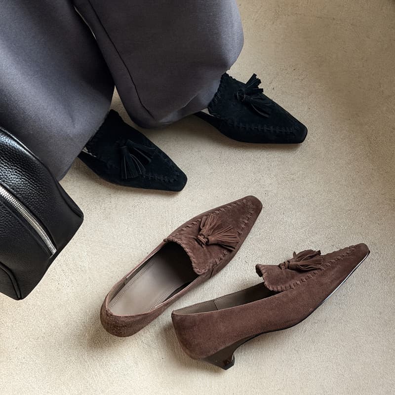 British Style Fringed Suede Kitten Heel Loafers 2026 Spring Mid Heel Square Toe Genuine Leather Deep Mouth Shoes for Women