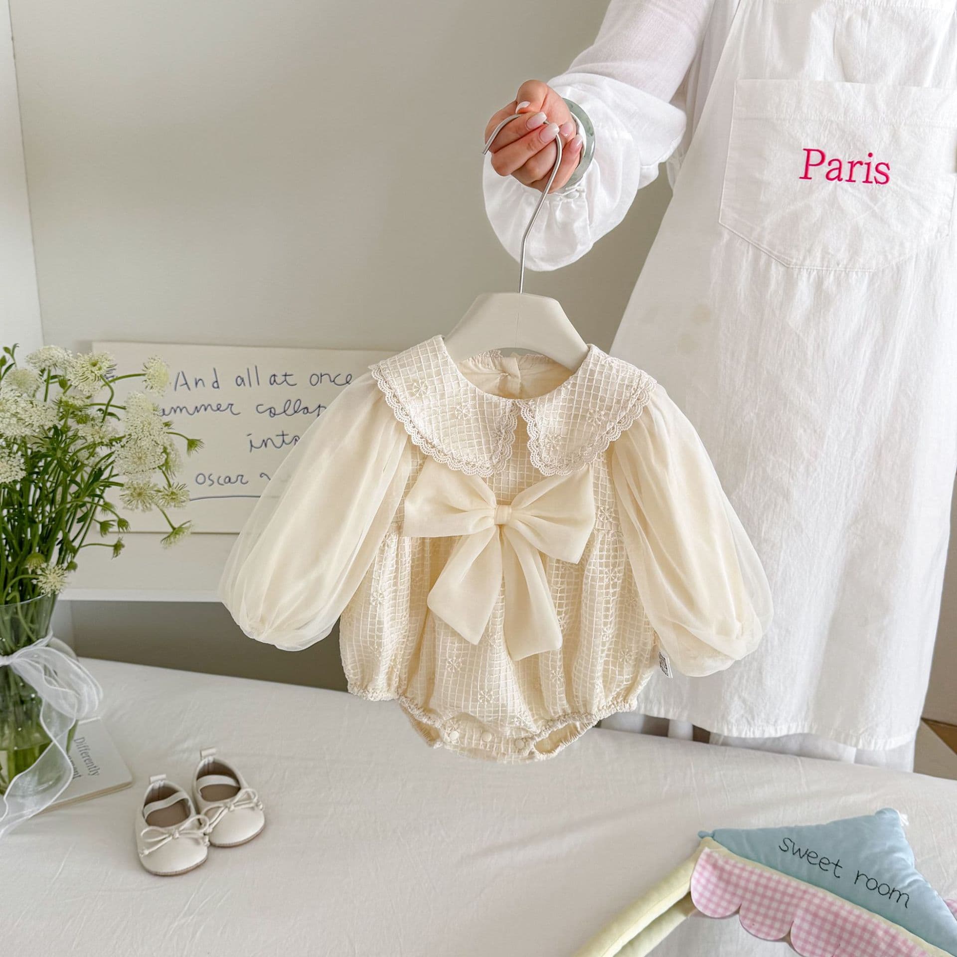 [FULAIMAN] 2026 Autumn Korean-Style Kids Lace Bow Doll Collar Baby Girl Princess Long-Sleeve Romper