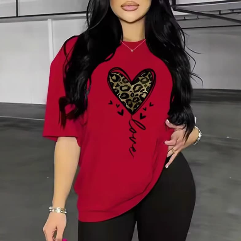 European and American Cross-Border Export Round Neck Short-Sleeved Heart Leopard Print Love Pattern Summer New T-Shirt Women's Blouse