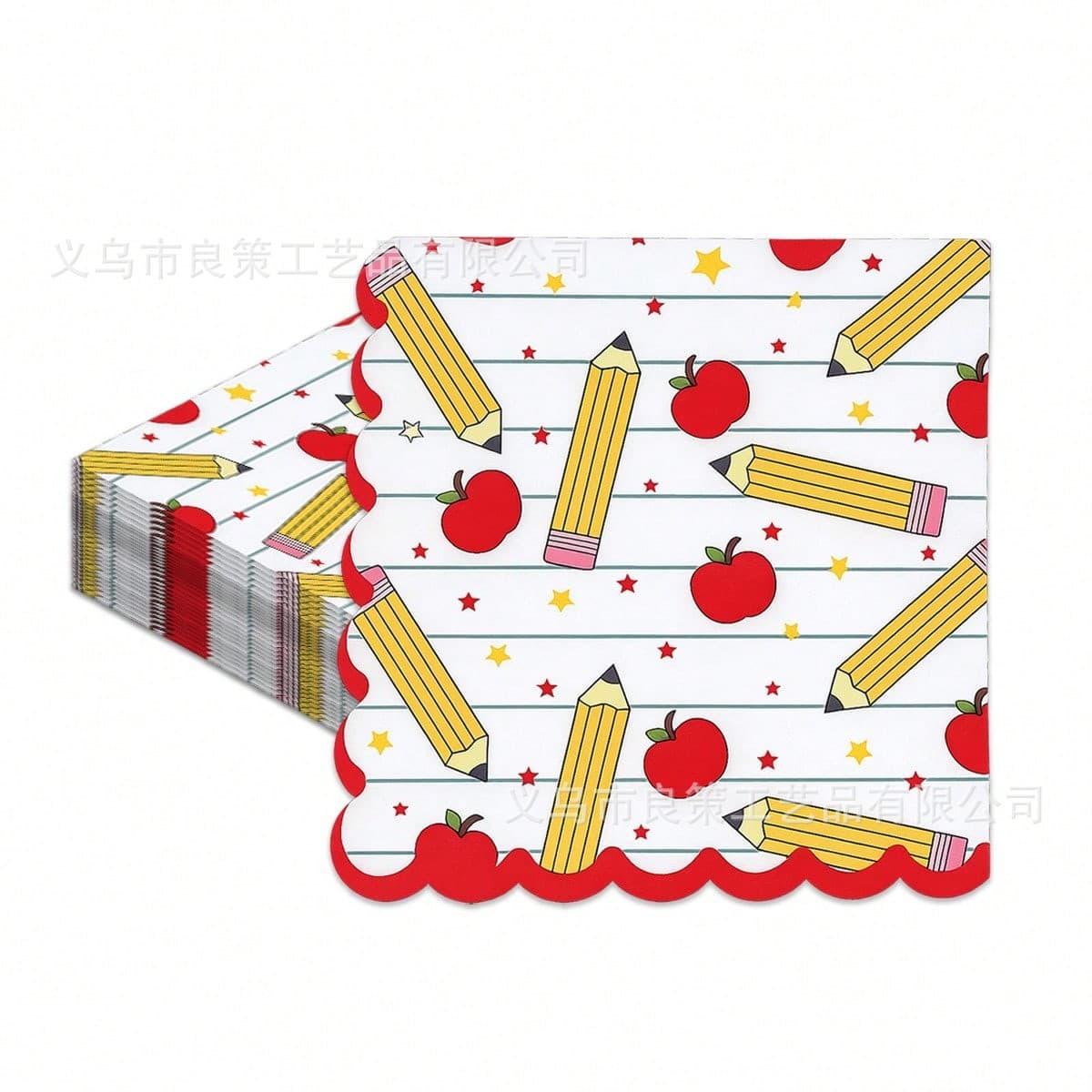 Back to School Disposable Printed Napkins, Pencil and Apple Scalloped Edge Party Napkins