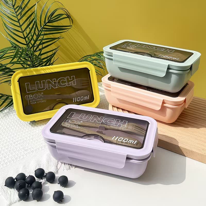 Cross-Border Compartment Lunch Box Rectangular Plastic Single-Layer Bento Box, Microwave-Safe with Handle, Fresh-Keeping Container