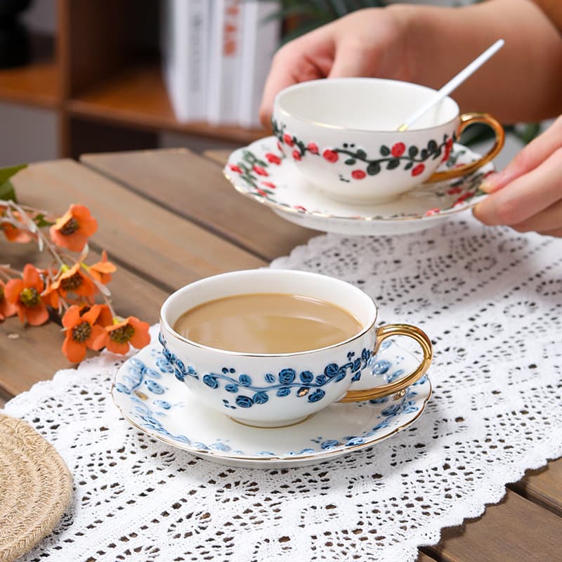 Creative Floral Hand-Painted Ceramic Coffee Cup with Gold Trim, Home Coffee Cup and Saucer, Flower Tea Coffee Cup, Vintage Coffee Cup