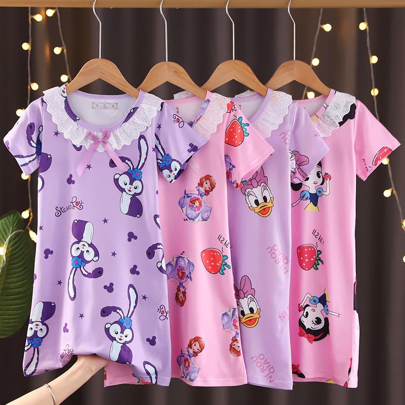 2023 New Girls' Summer Sleepwear Short Sleeve Kids Nightgown Princess Pajamas for Toddlers and Children
