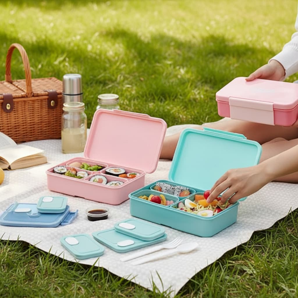 Office Worker Portable Lunch Box with Handle and Compartments, Simple Student Microwave-Safe PP Plastic Bento Box
