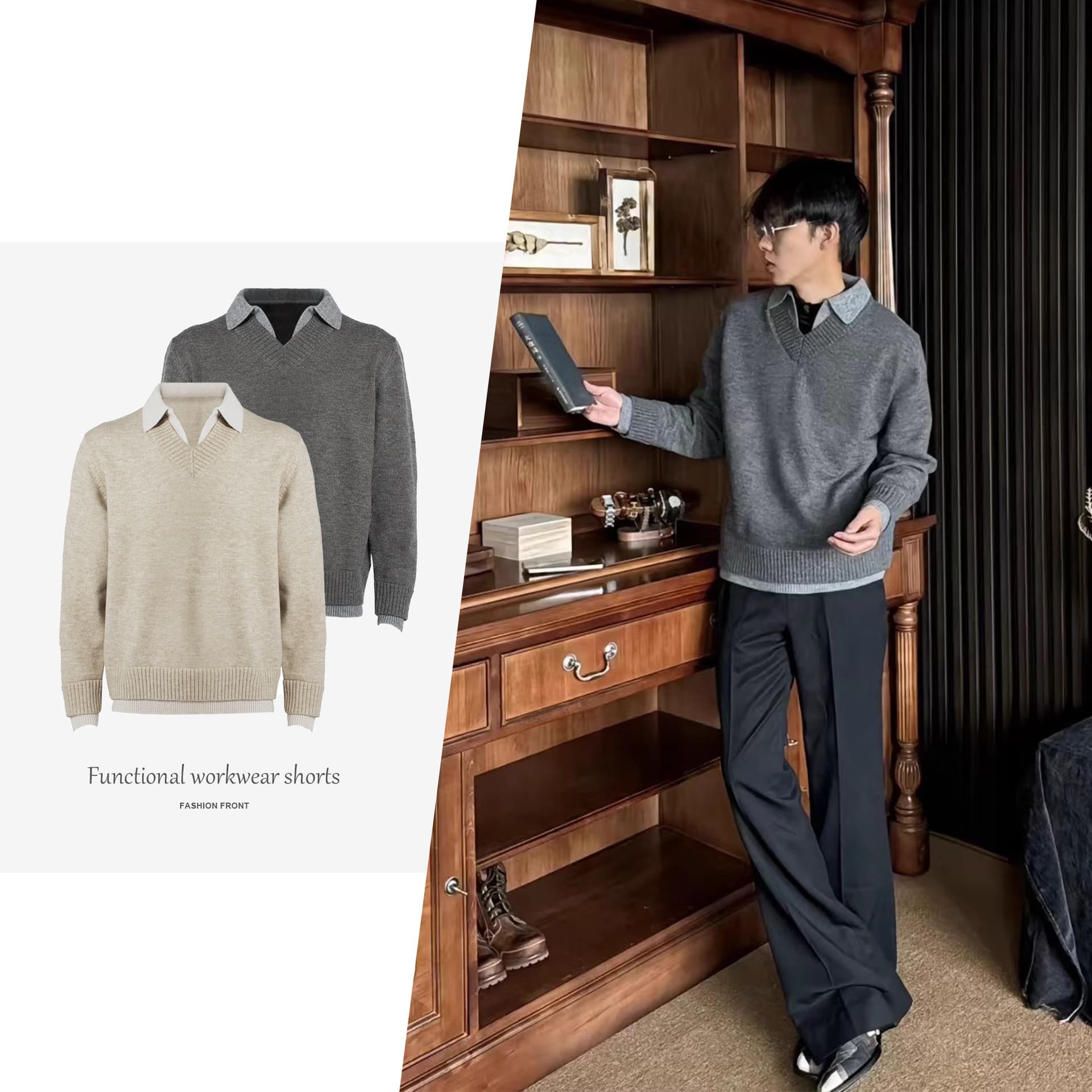 【CSMY】Stay the Night Fake Two-Piece V-Neck Cashmere-Like Polo Atmosphere Old Money Sweater
