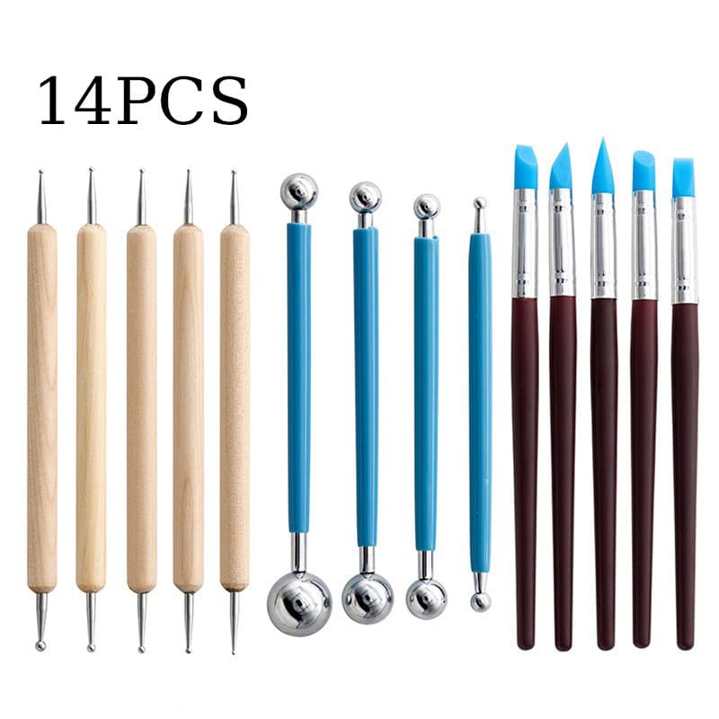 14-Piece Pottery Tools Set Clay Modeling Silicone Diamond Point Pen Stick Auxiliary Soil Pressing Pen Wooden Metal Craft Supplies