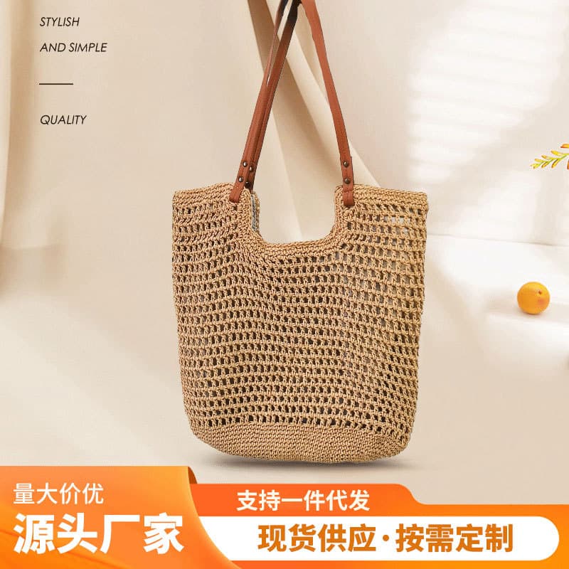 Linen Cotton Yarn Hollow Weave Handbag Lazy Style Beach Vacation Women's Bag City Simple Style Medium Size Daily Match Soft Zipper Closure