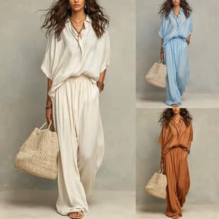 2026 European and American Cross-Border New Casual Women's Simple Shirt and Wide-Leg Pants Cotton Linen Set