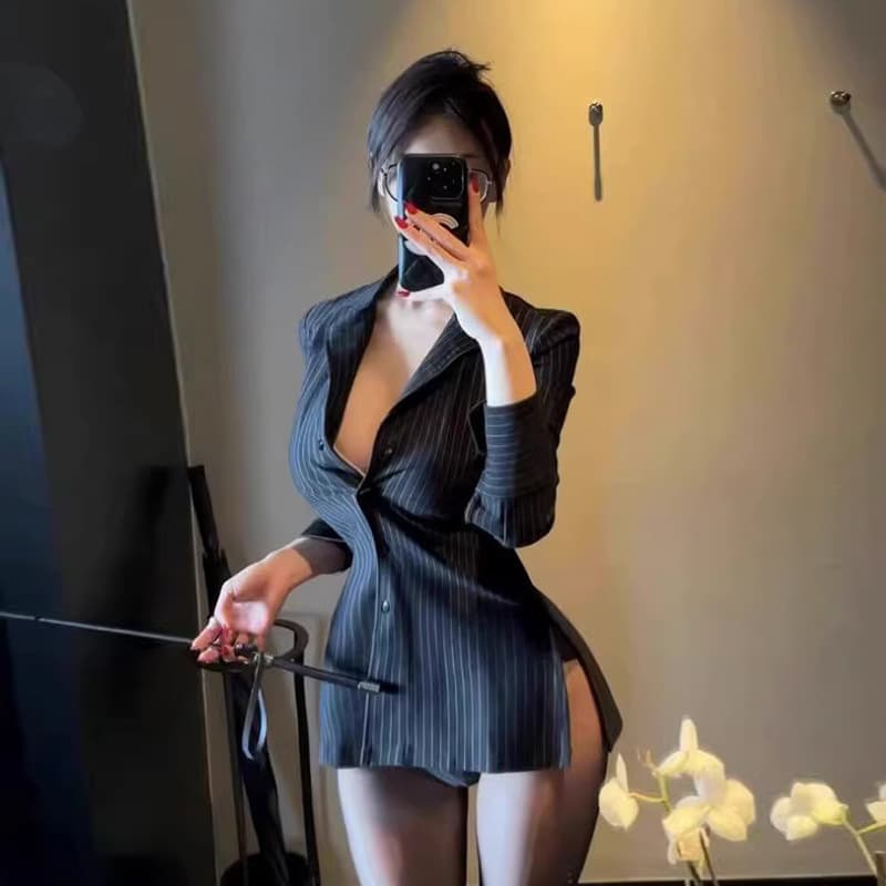 Pure Desire Waist-Tightening Black Fitted Women's Shirt Blouse Slim Workwear Striped Office Lady Career Long Sleeve Sexy