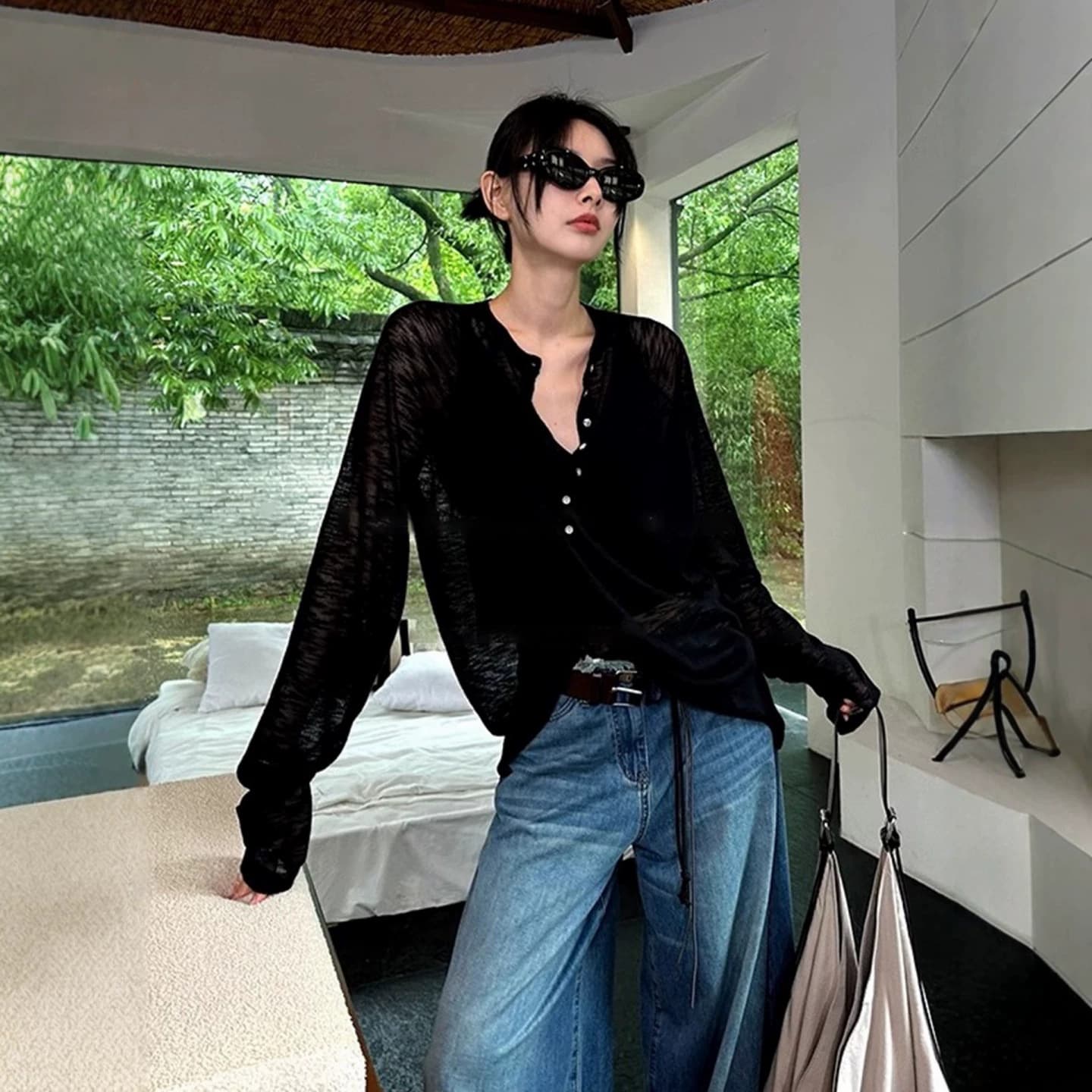 Thin ice silk half-open collar long-sleeved sweater for women in summer, loose and relaxed black slightly see-through sun protection blouse top